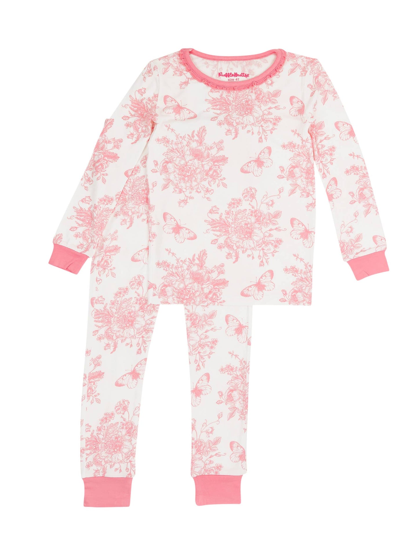 RuffleButts + RuggedButts - Toddler Girls Pink Butterfly Garden Toile Bamboo Viscose Ruffle Long Sleeve Pajama Set