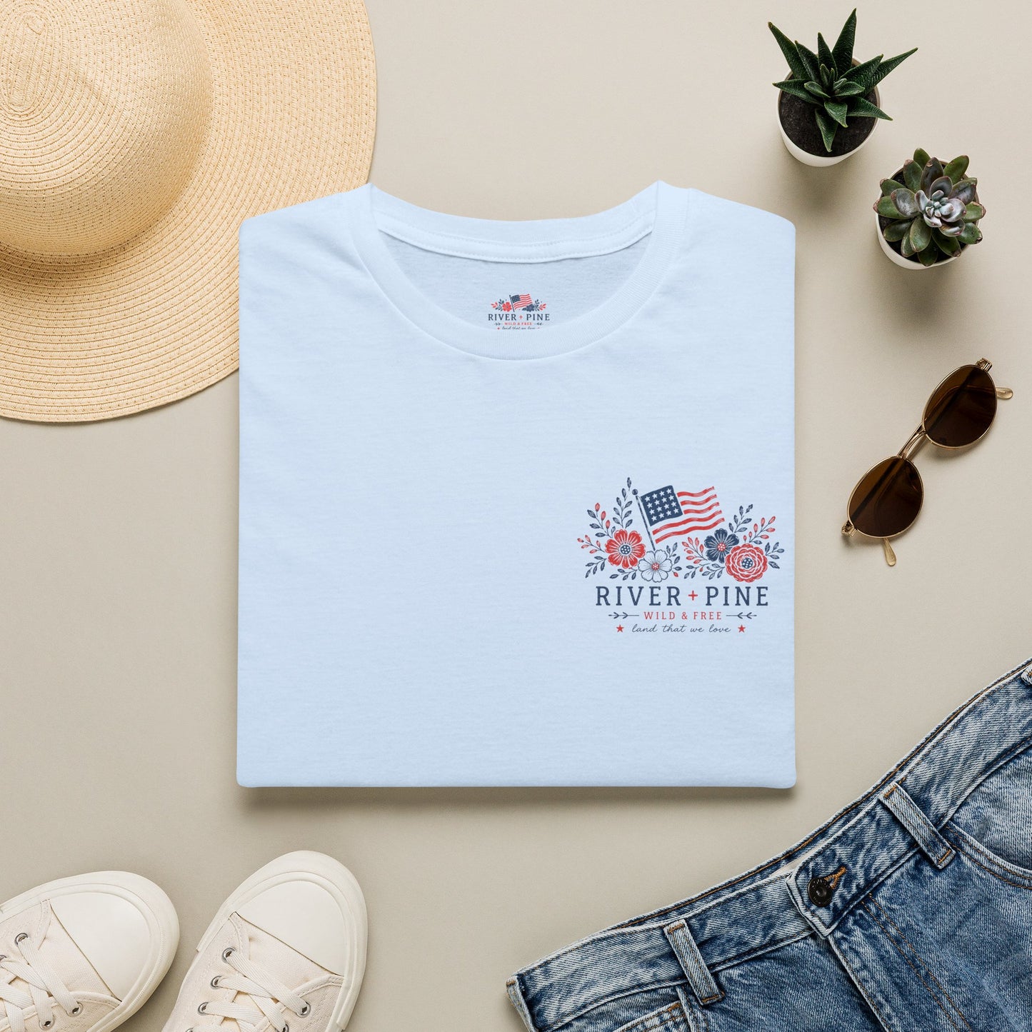 Patriotic Wild & Free Floral "River + Pine" Women's Tee