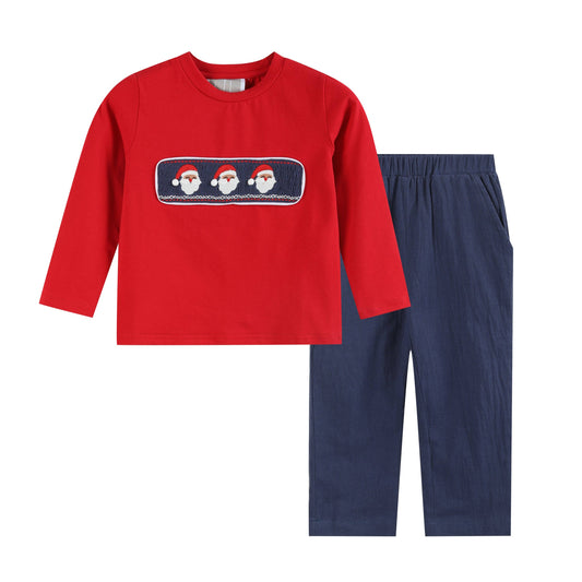 Lil Cactus - Red Santa Smocked Shirt and Navy Pants Set