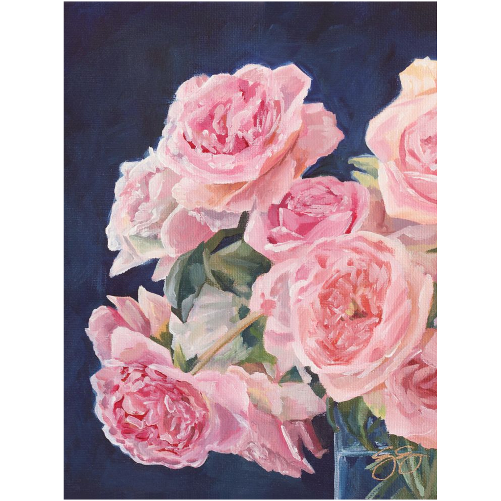 Pink Roses on Navy Blue, a fine art print on canvas