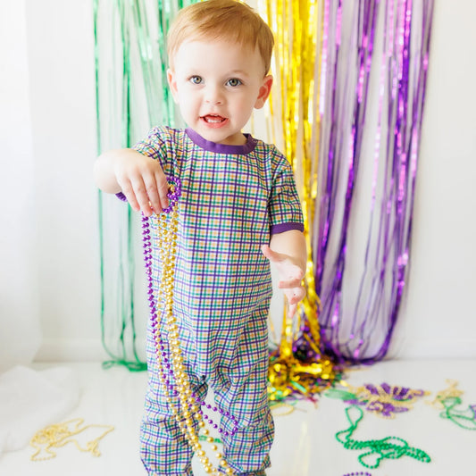 Jellybean Mardi Gras Plaid Romper