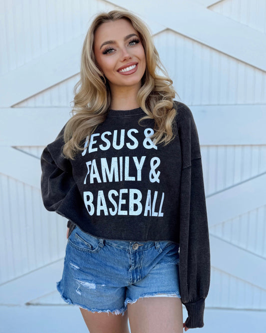 Comfy Cropped “JESUS & FAMILY & BASEBALL” Pullover