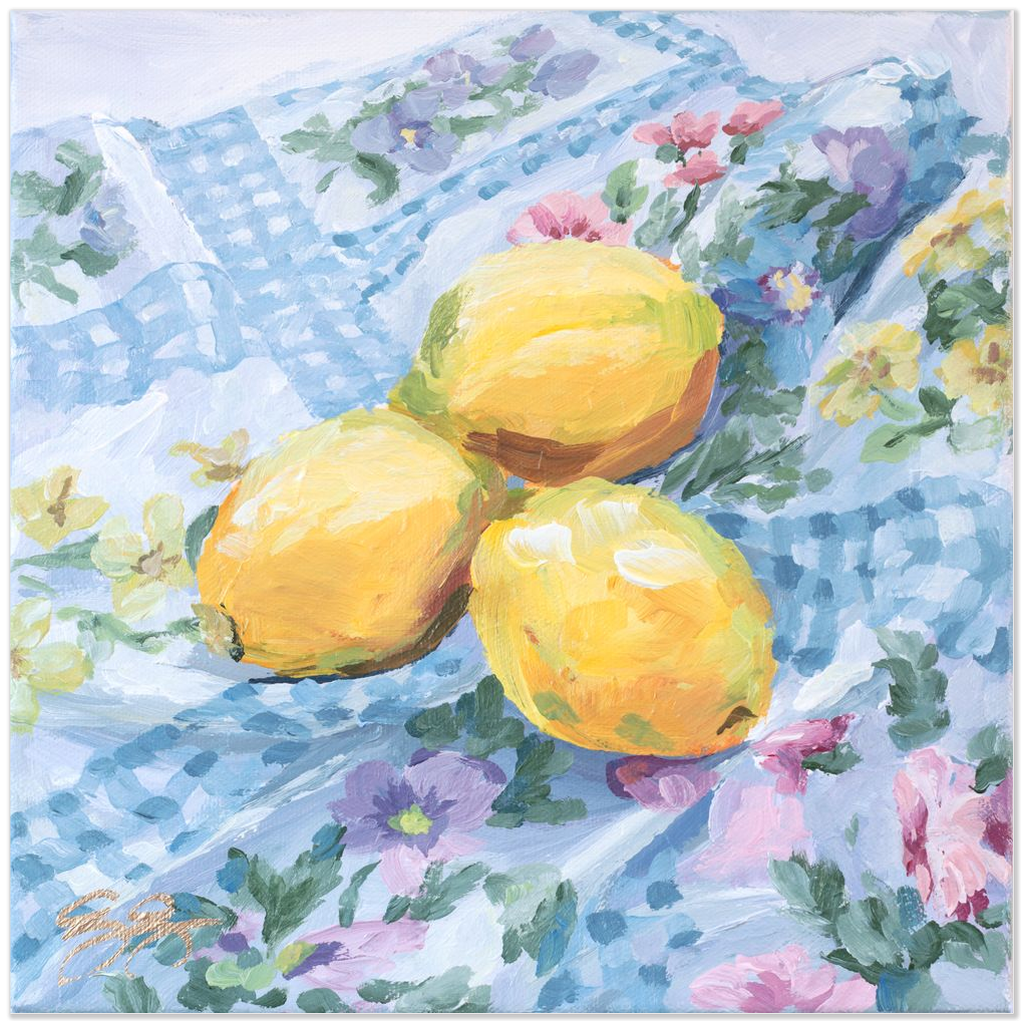 Lemons on floral fabric, a fine art print on paper