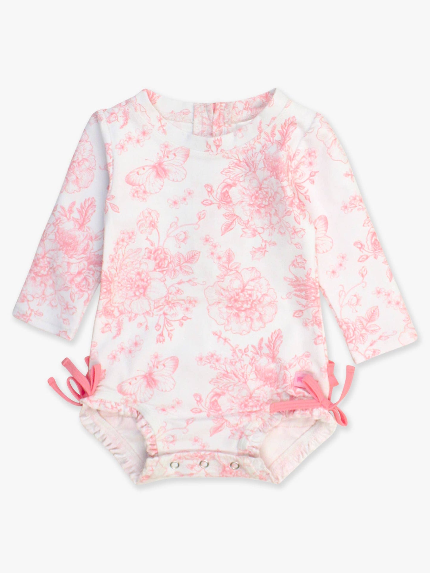 RuffleButts + RuggedButts - Baby Girls Bubblegum Pink Butterfly Garden Toile One Piece Rash Guard
