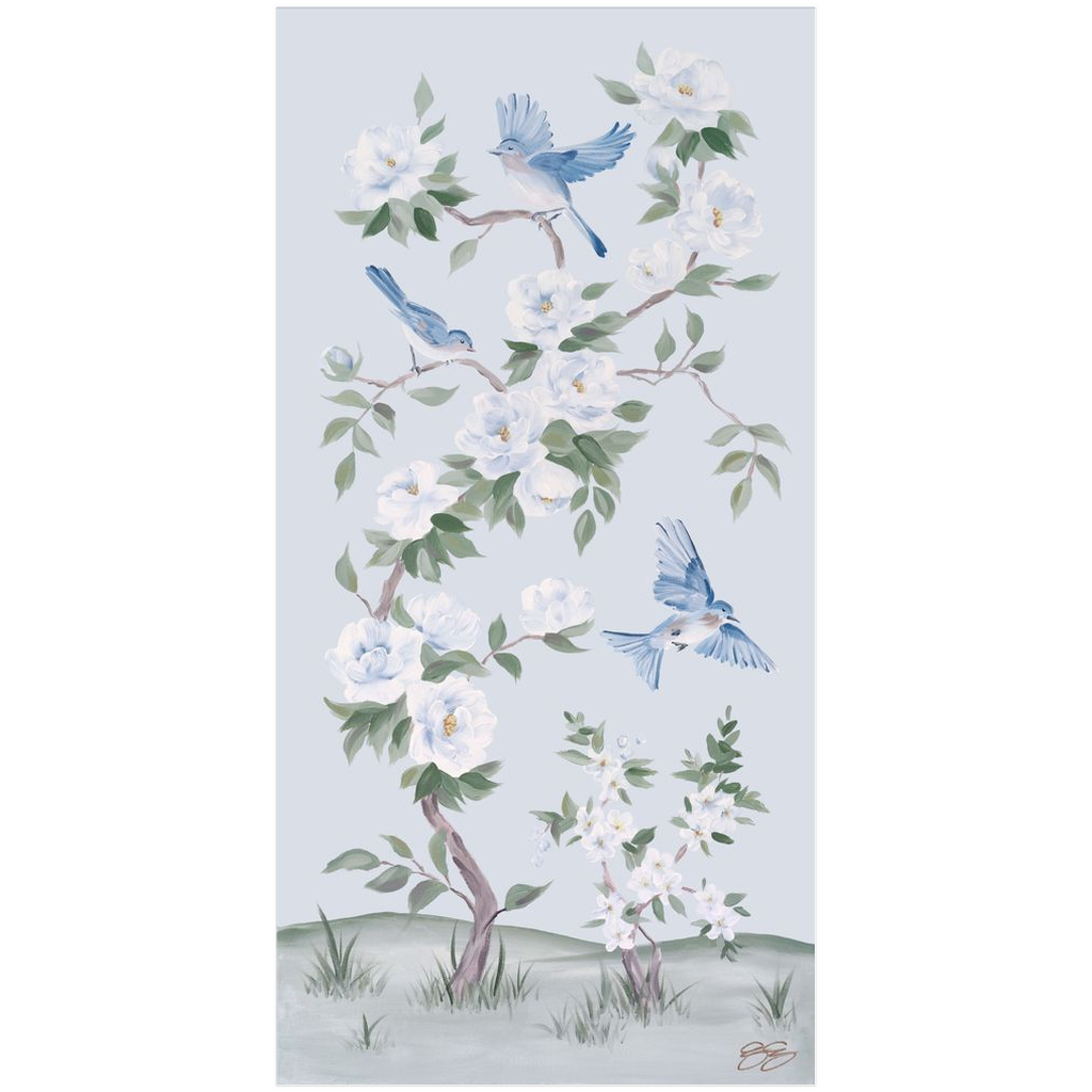 Bluebirds and Peonies, a light blue chinoiserie fine art print