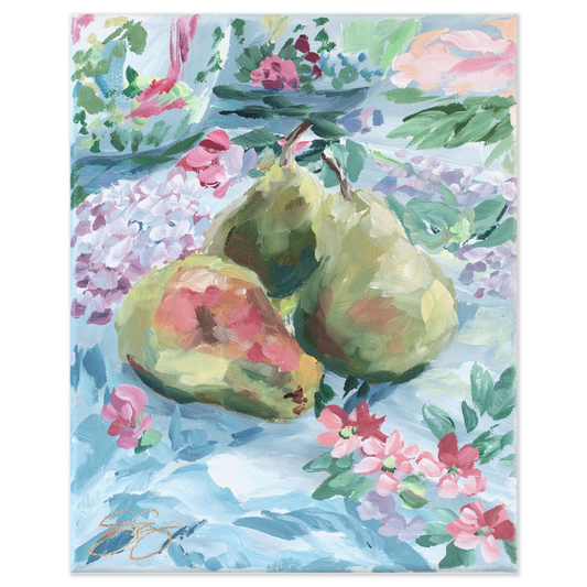 Pears on floral fabric, a fine art print on paper