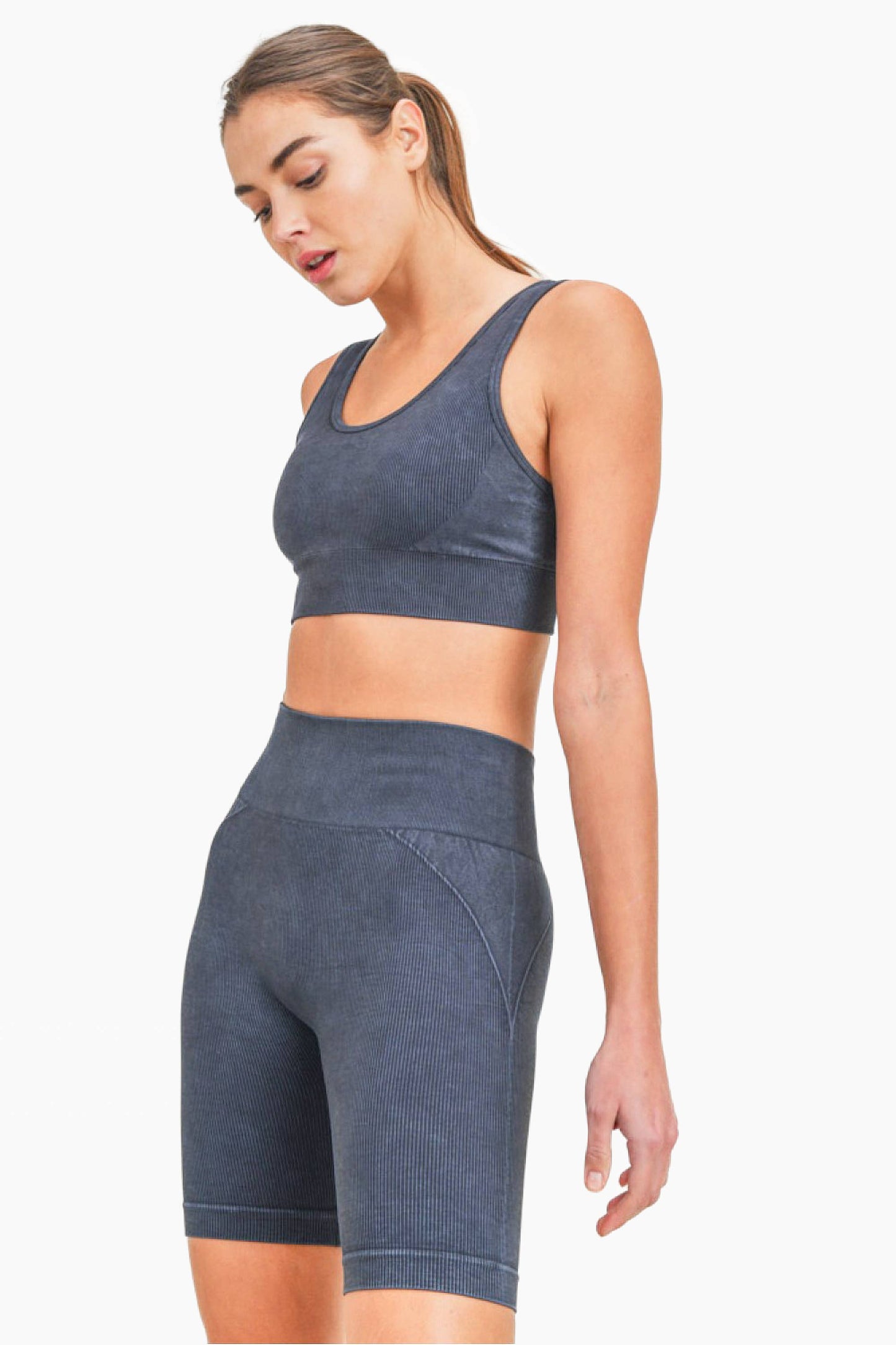 Mono B - Spliced Mineral-Washed Seamless Ribbed Sports Bra