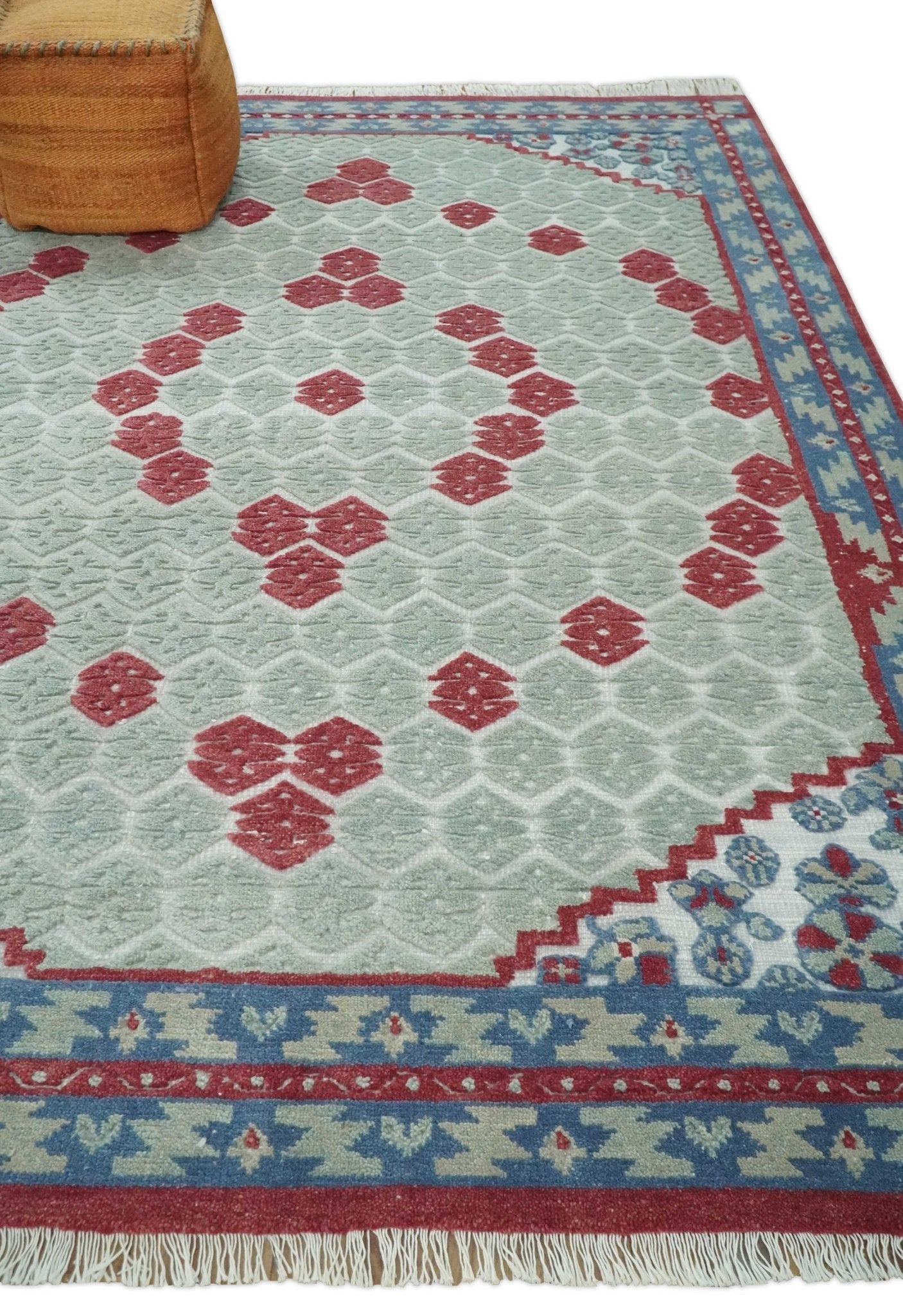 7x10 Hand Knotted Green, Red and Blue Traditional Persian Oushak Wool Rug | AC7710