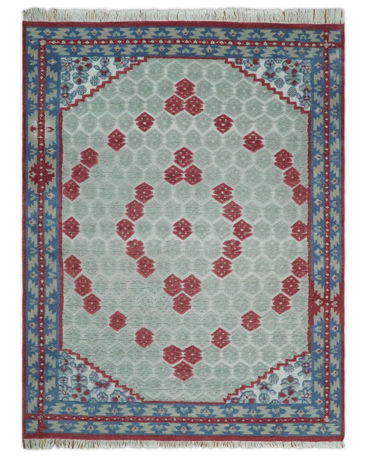 7x10 Hand Knotted Green, Red and Blue Traditional Persian Oushak Wool Rug | AC7710