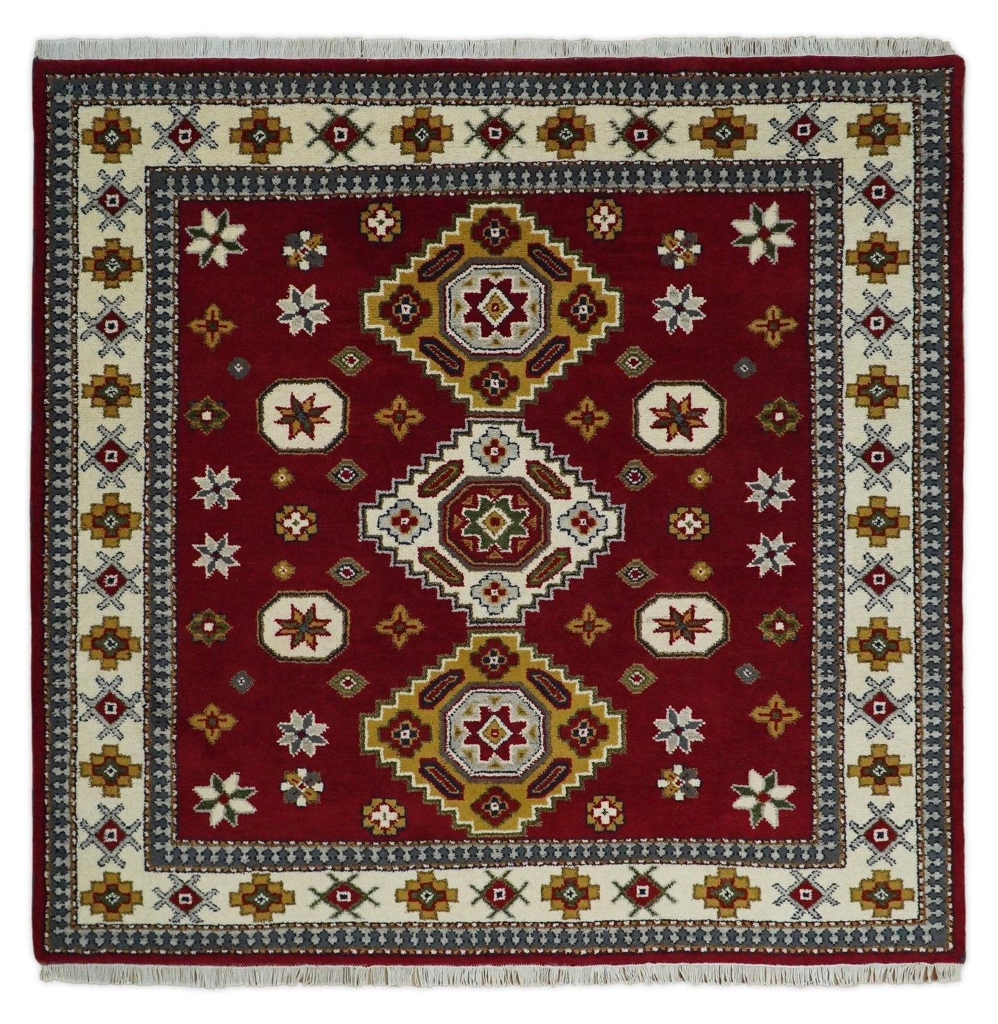 7x7 Sqaure Hand Knotted traditional Kazak Rust and Ivory Traditional Armenian Rug | KZA20