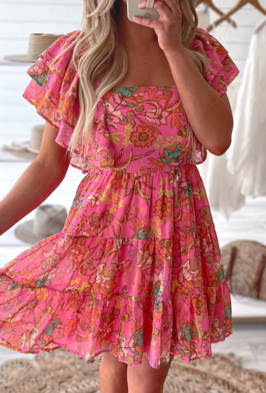 Pink Floral Square Neck Ruffle Sleeve Dress