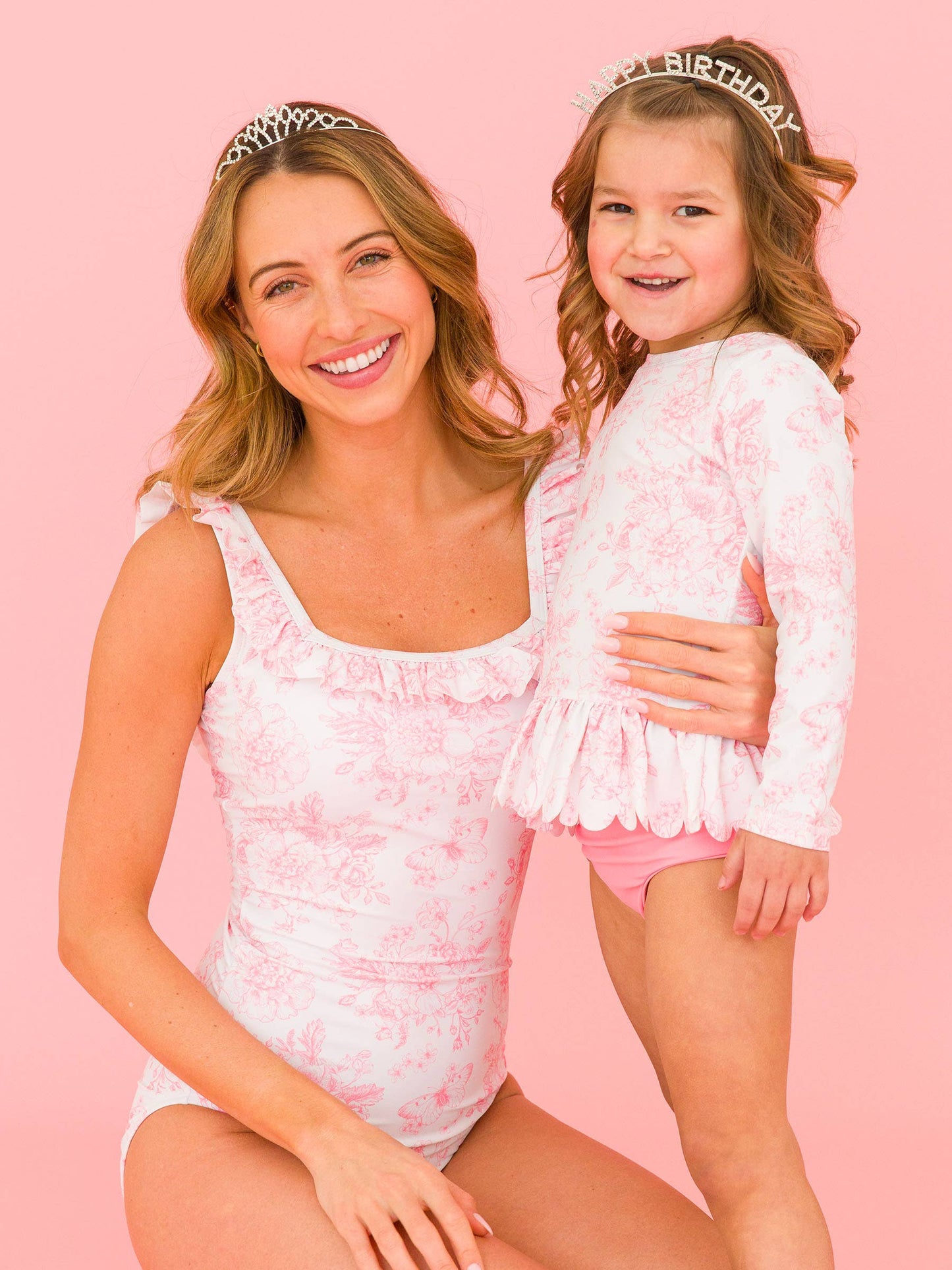RuffleButts + RuggedButts - Women's Bubblegum Pink Butterfly Garden Toile Ruffle One Piece