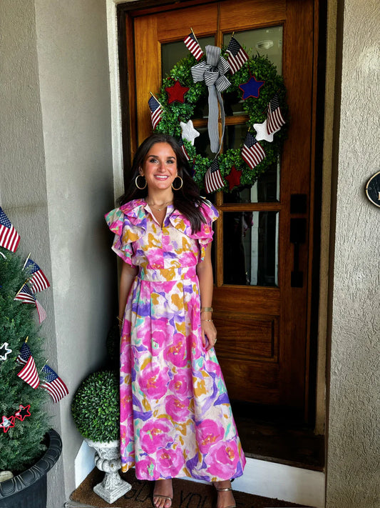 Umgee Floral Maxi Dress – Ruffle Sleeve Watercolor Print (Size Large)