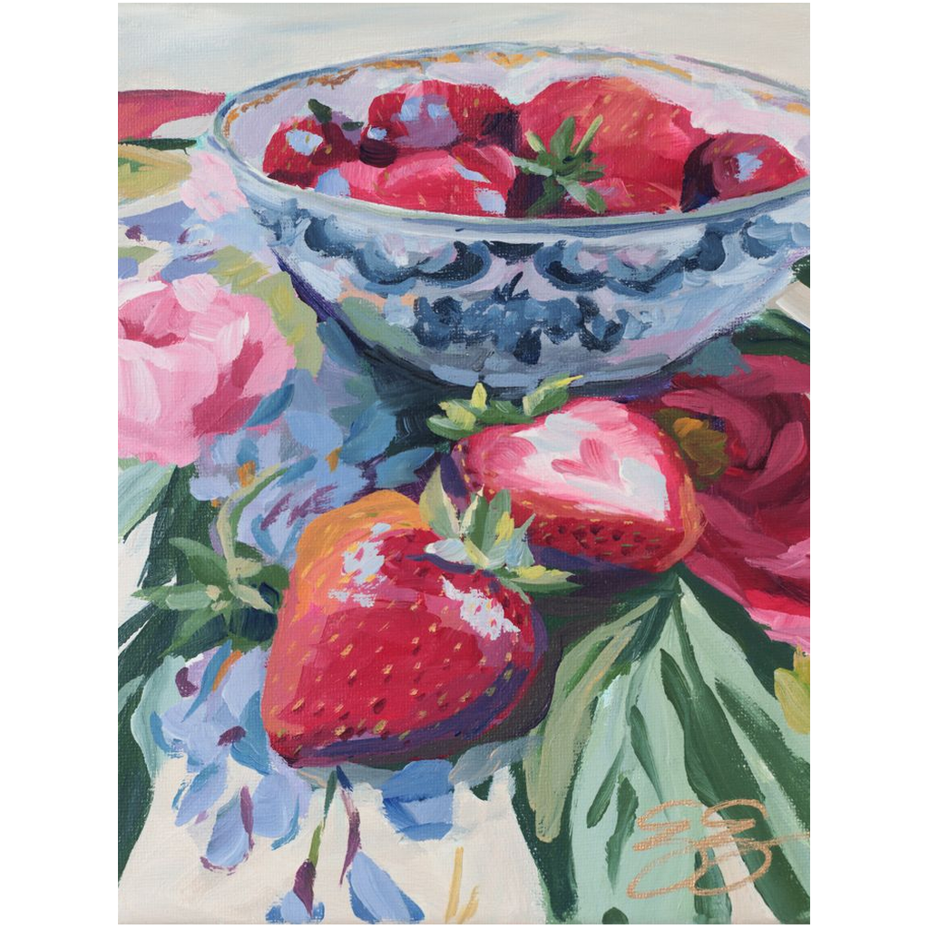 Strawberries on floral fabric, a fine art print on canvas