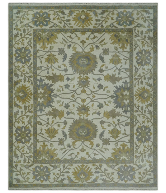 8.6x10 Ivory, Beige and Charcoal Hand Knotted Heriz Serapi Floral Area Rug | TRDCP1186810