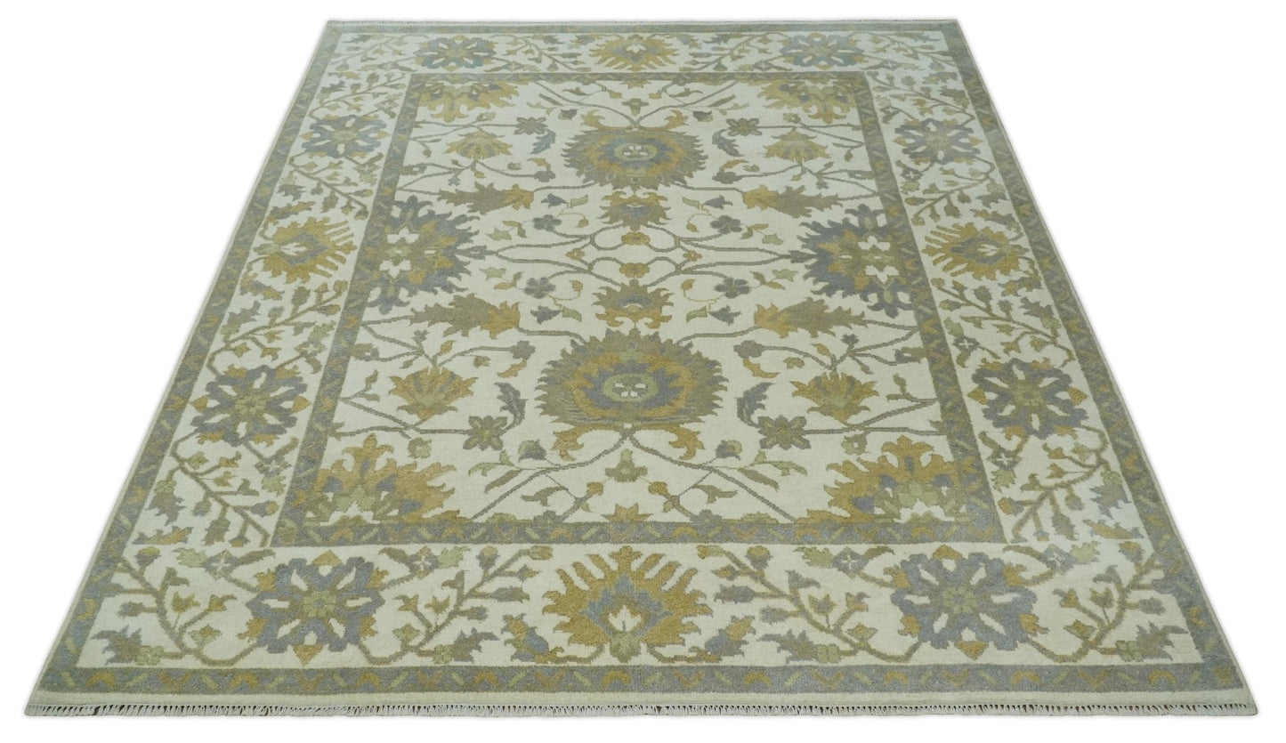 8.6x10 Ivory, Beige and Charcoal Hand Knotted Heriz Serapi Floral Area Rug | TRDCP1186810