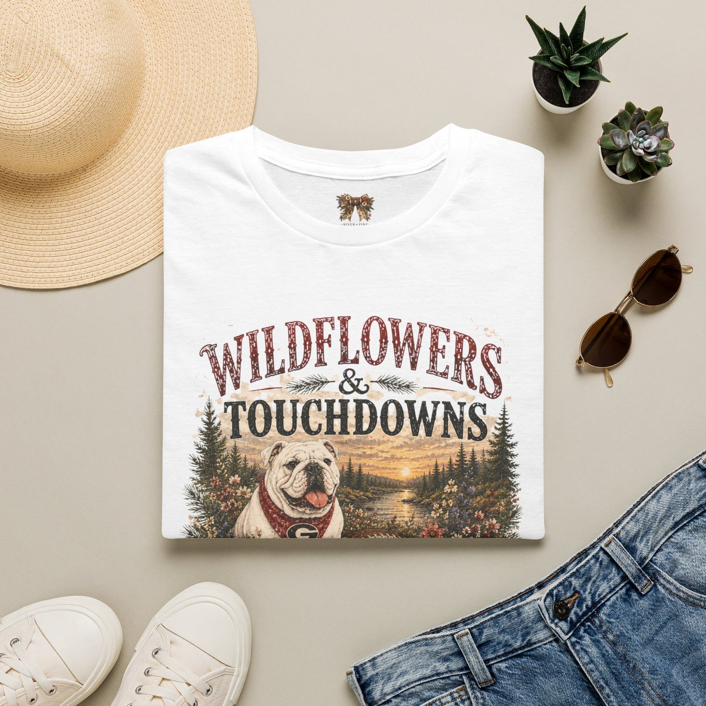 River + Pine -UGA Wildflowers & Touchdowns Womens T-shirt (front graphic only)