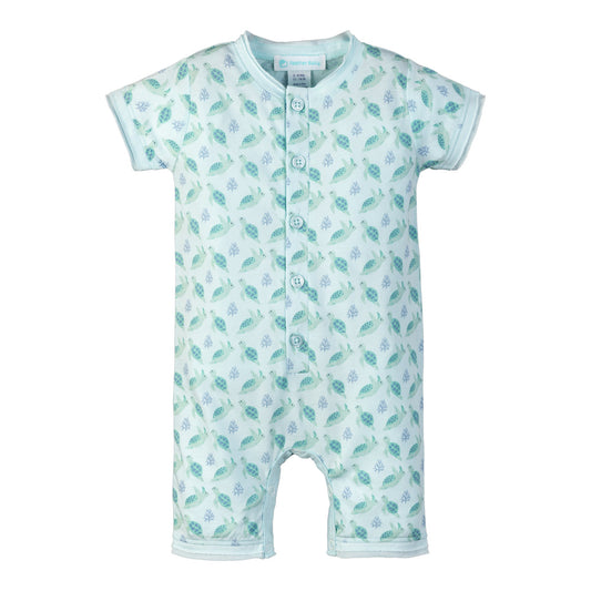 Henley Romper - Leatherback Turtles on Aqua 100% Pima Cotton