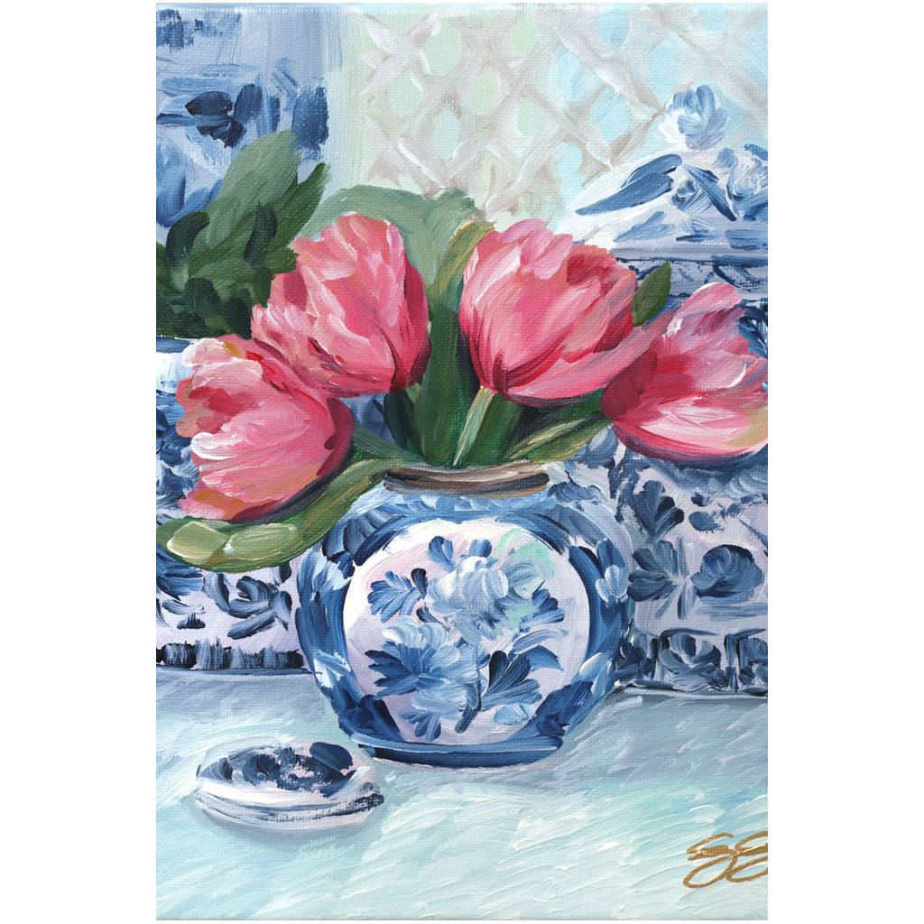 Pink Tulips, Blue Vase; a fine art print on canvas