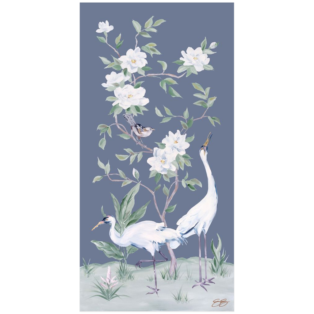 Cranes and Gardenias, a dark blue chinoiserie fine art print