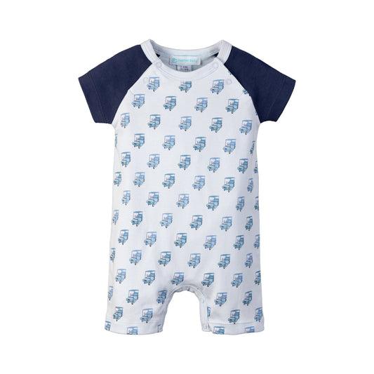 Sailor-Sleeve Short Romper - Golf Carts on Baby Blue 100% Pima Cotton