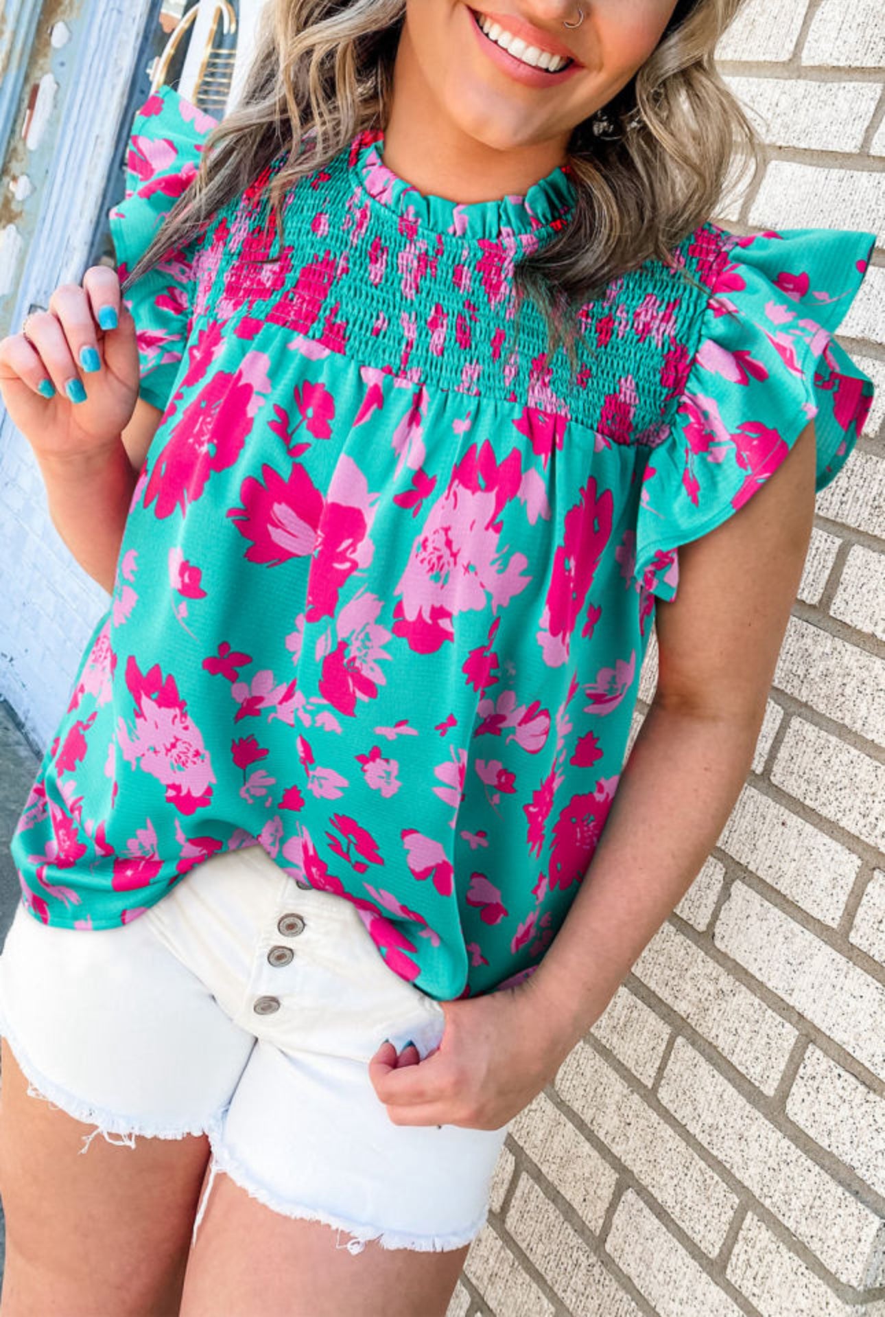 Green Floral Ruffled Flutter Sleeve Top