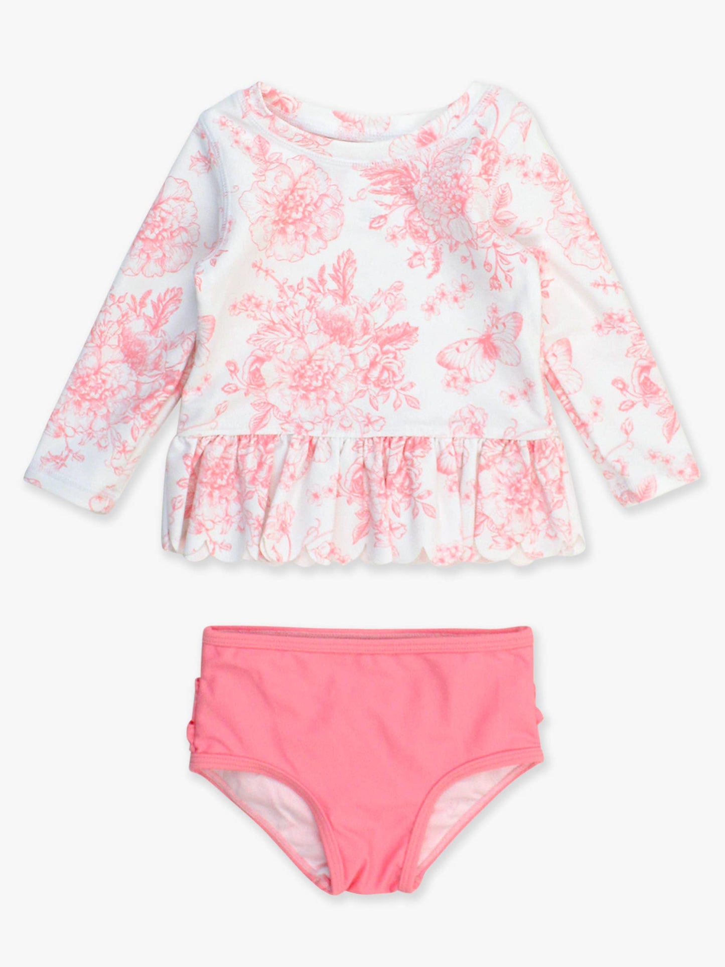 RuffleButts + RuggedButts - Girls Pink Butterfly Garden Toile Long Sleeve Rash Guard 2-Piece