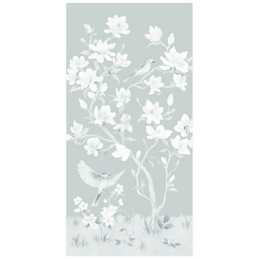 May, a tonal green chinoiserie fine art print on paper with birds and magnolia flowers