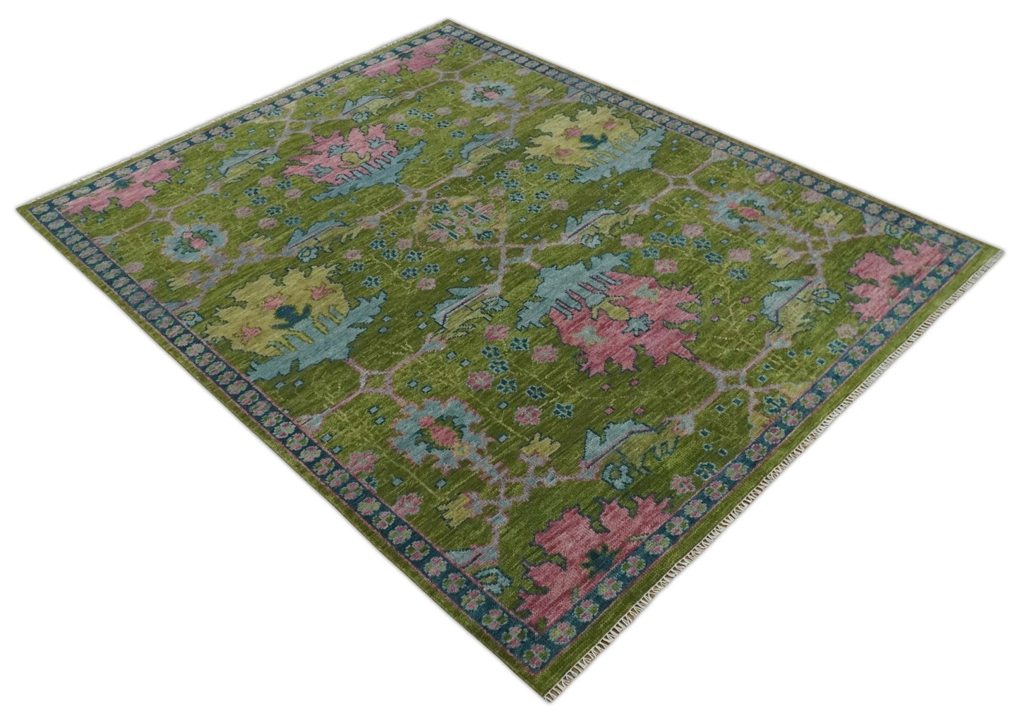 Moss Green, Blue and Peach Hand Knotted Vibrant colorful Donegal Design Multi Size Wool Area Rug