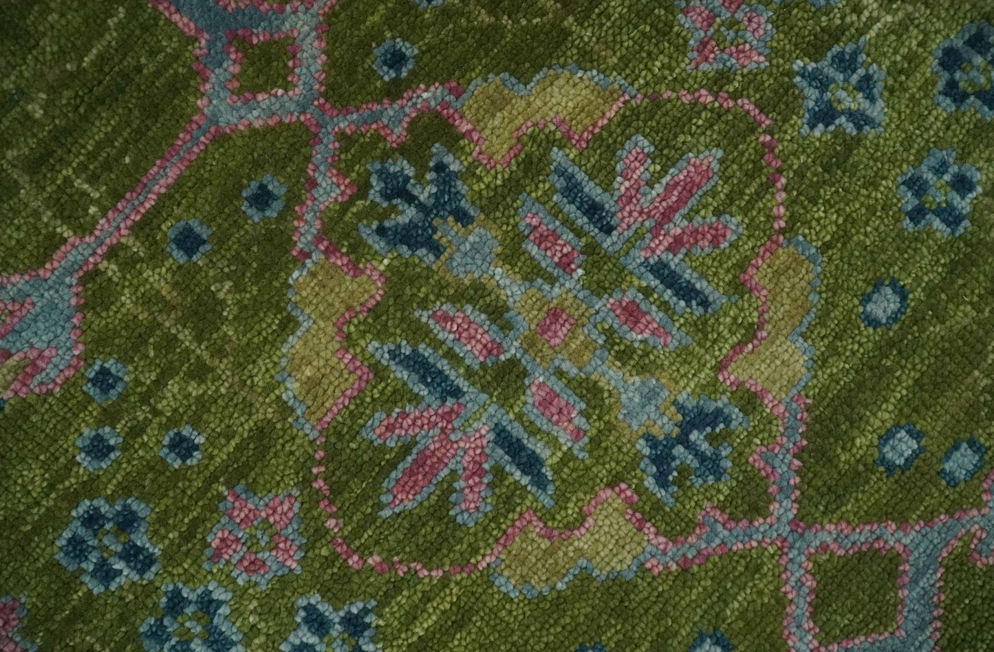 Moss Green, Blue and Peach Hand Knotted Vibrant colorful Donegal Design Multi Size Wool Area Rug