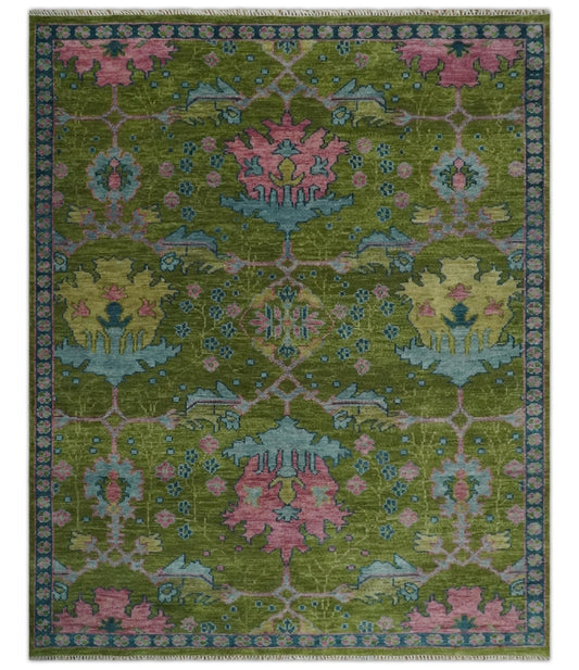 Moss Green, Blue and Peach Hand Knotted Vibrant colorful Donegal Design Multi Size Wool Area Rug