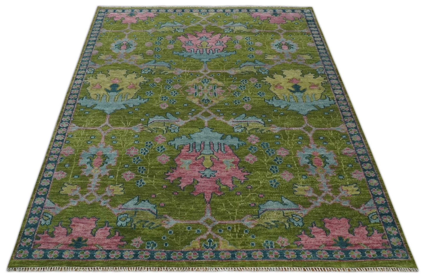 Moss Green, Blue and Peach Hand Knotted Vibrant colorful Donegal Design Multi Size Wool Area Rug