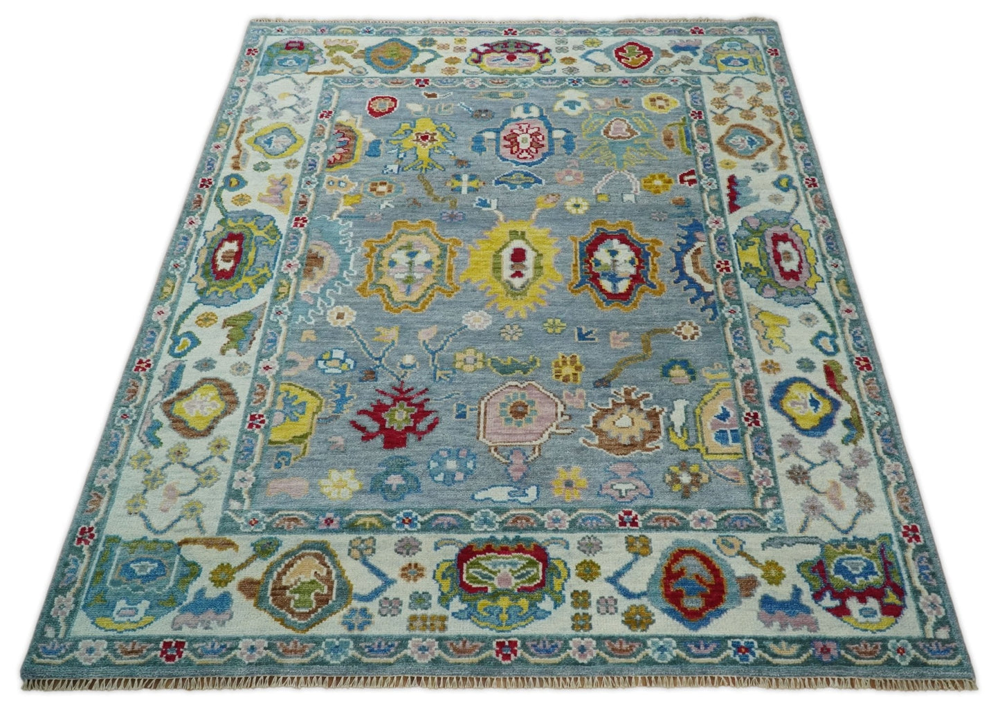 Traditional Blue and Ivory Vibrant Colorful Hand knotted Oushak Multi Size wool Area Rug