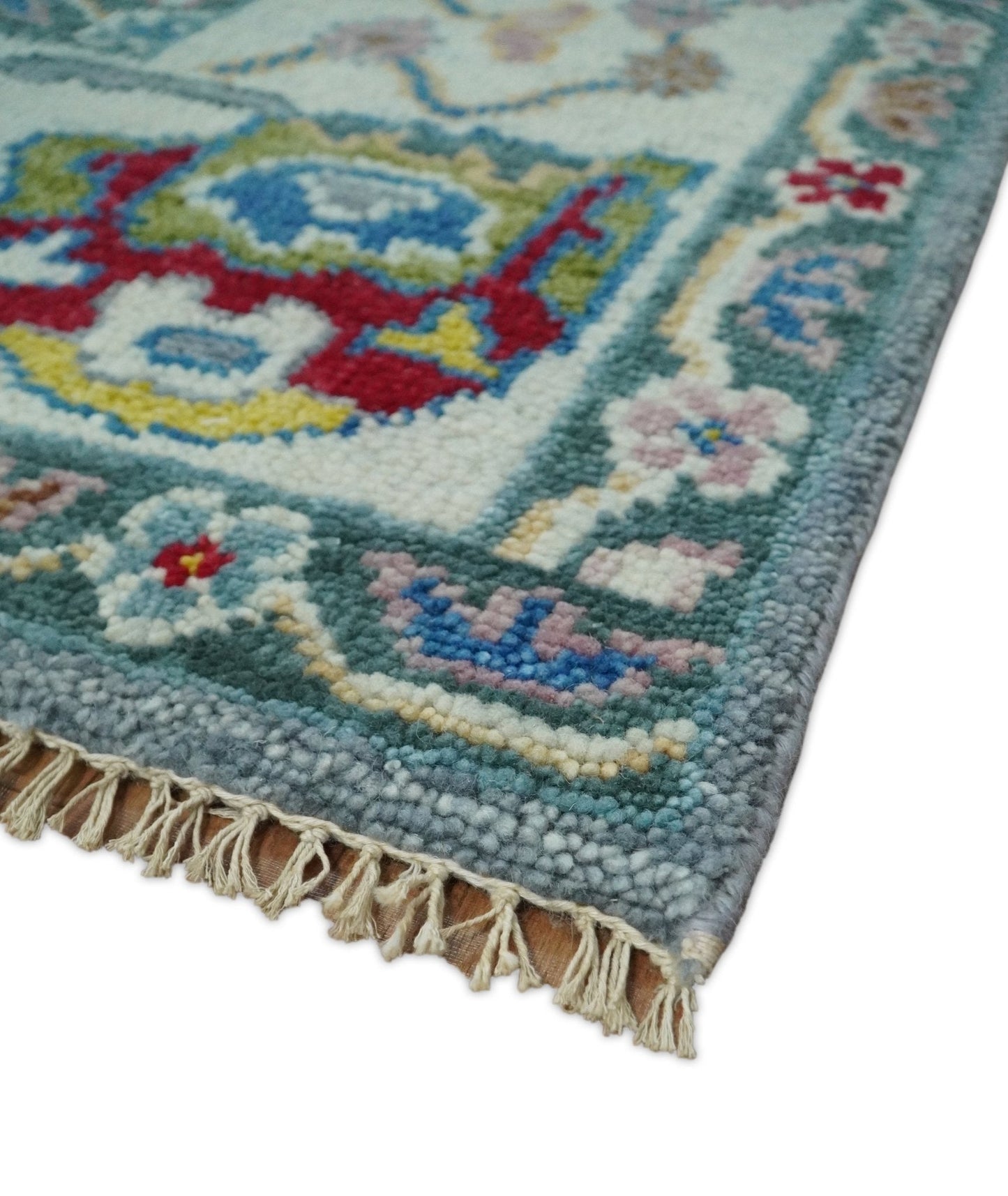 Traditional Blue and Ivory Vibrant Colorful Hand knotted Oushak Multi Size wool Area Rug