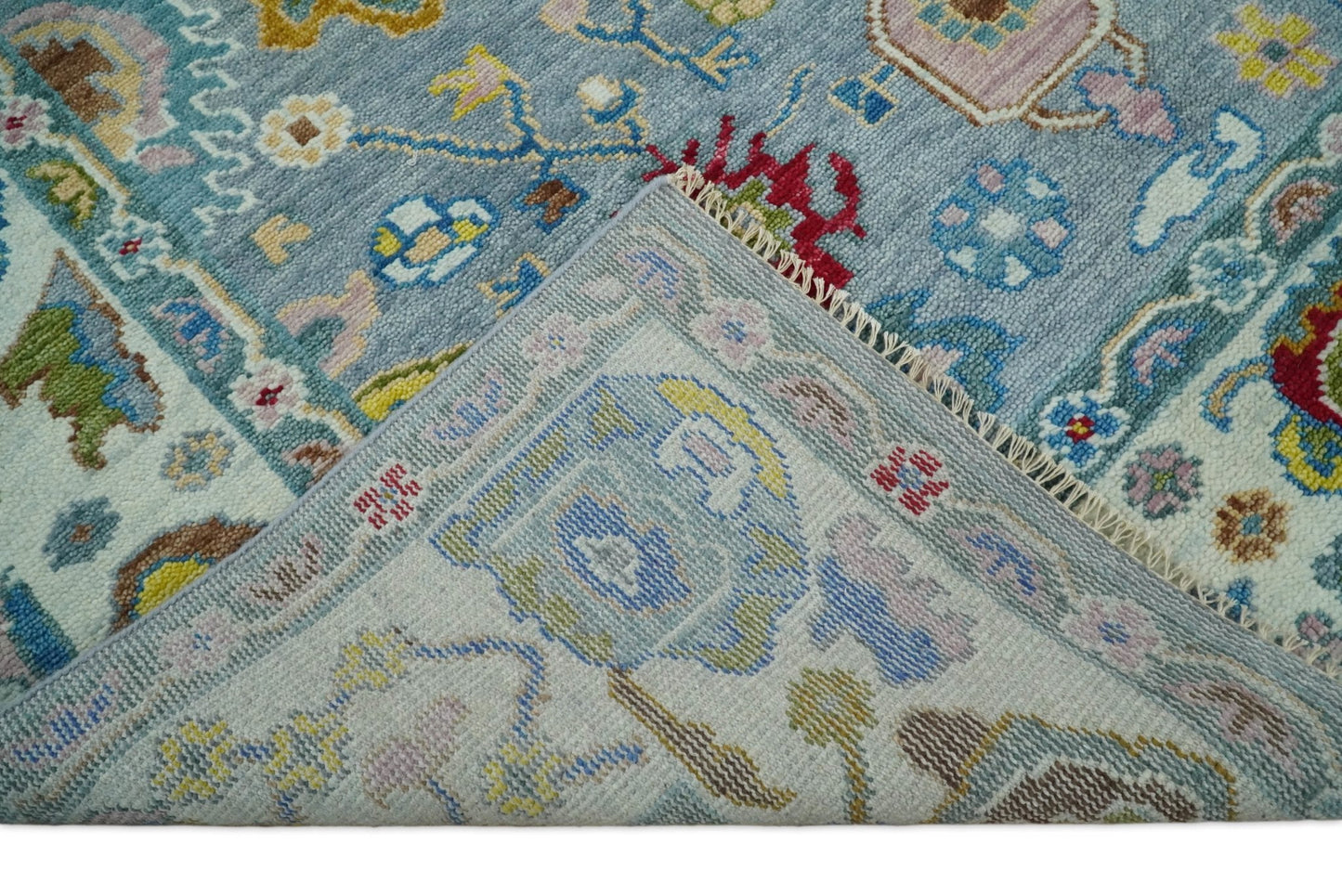 Traditional Blue and Ivory Vibrant Colorful Hand knotted Oushak Multi Size wool Area Rug