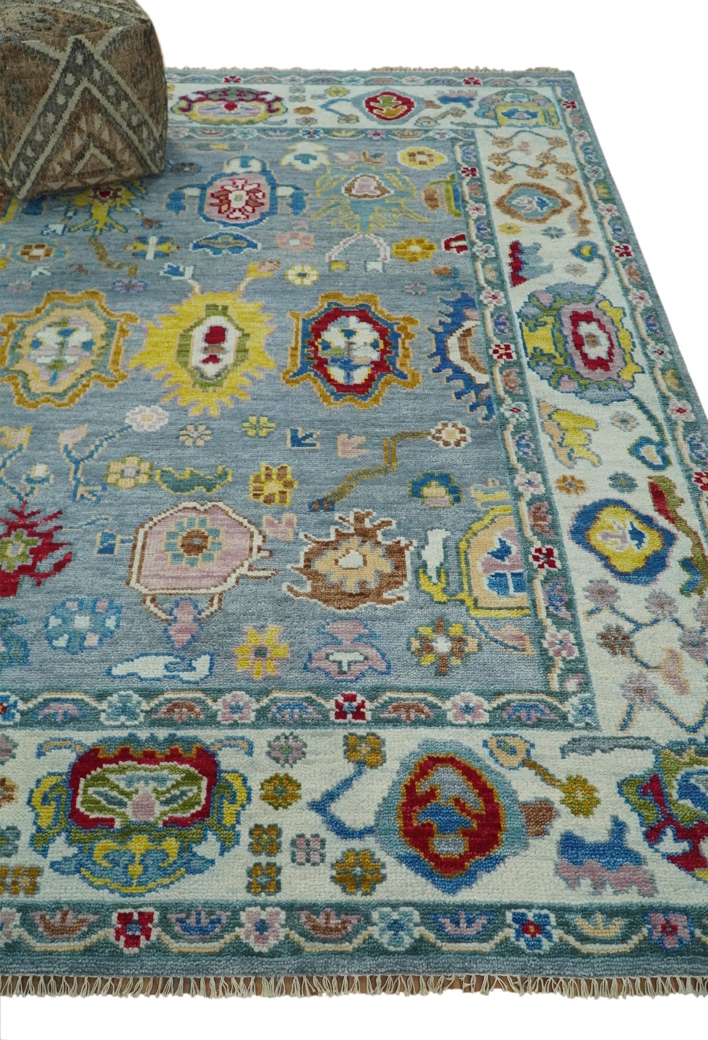 Traditional Blue and Ivory Vibrant Colorful Hand knotted Oushak Multi Size wool Area Rug