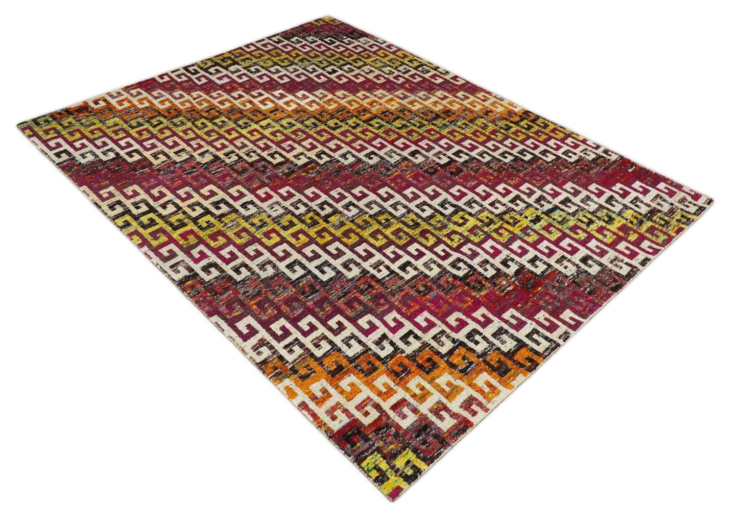 8x10 and 9x12 Hand Knotted Multicolor Modern Contemporary Southwestern Tribal Trellis Recycled Silk Area Rug | OP9