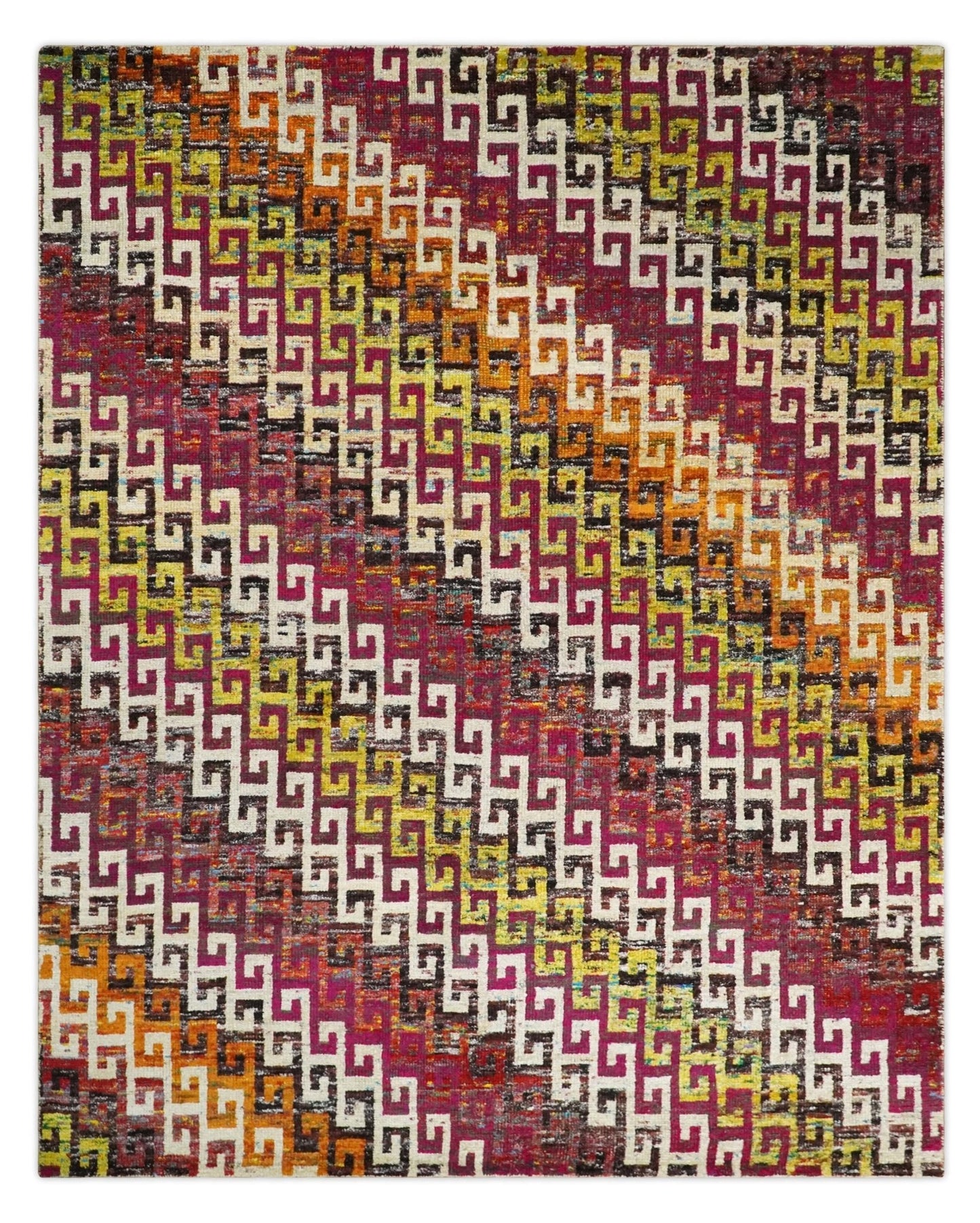 8x10 and 9x12 Hand Knotted Multicolor Modern Contemporary Southwestern Tribal Trellis Recycled Silk Area Rug | OP9