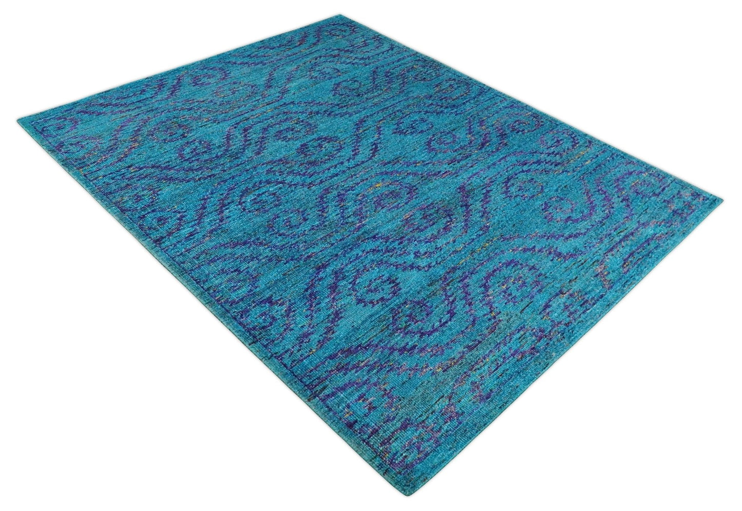 8x10 and 9x12 Hand Knotted Teal Blue and Violet Modern Contemporary Southwestern Tribal Trellis Recycled Silk Area Rug | OP10