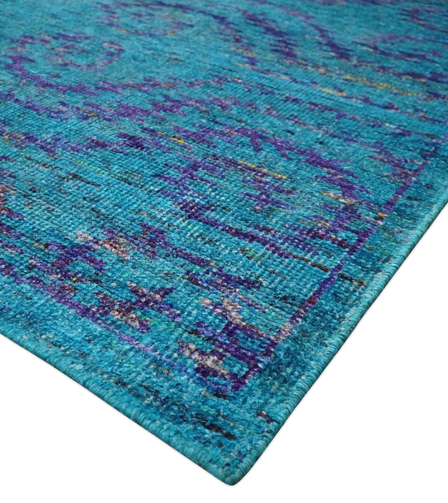 8x10 and 9x12 Hand Knotted Teal Blue and Violet Modern Contemporary Southwestern Tribal Trellis Recycled Silk Area Rug | OP10