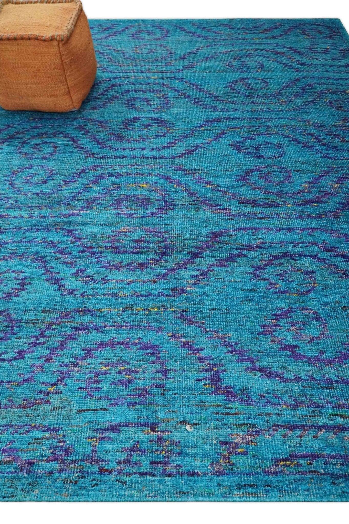 8x10 and 9x12 Hand Knotted Teal Blue and Violet Modern Contemporary Southwestern Tribal Trellis Recycled Silk Area Rug | OP10