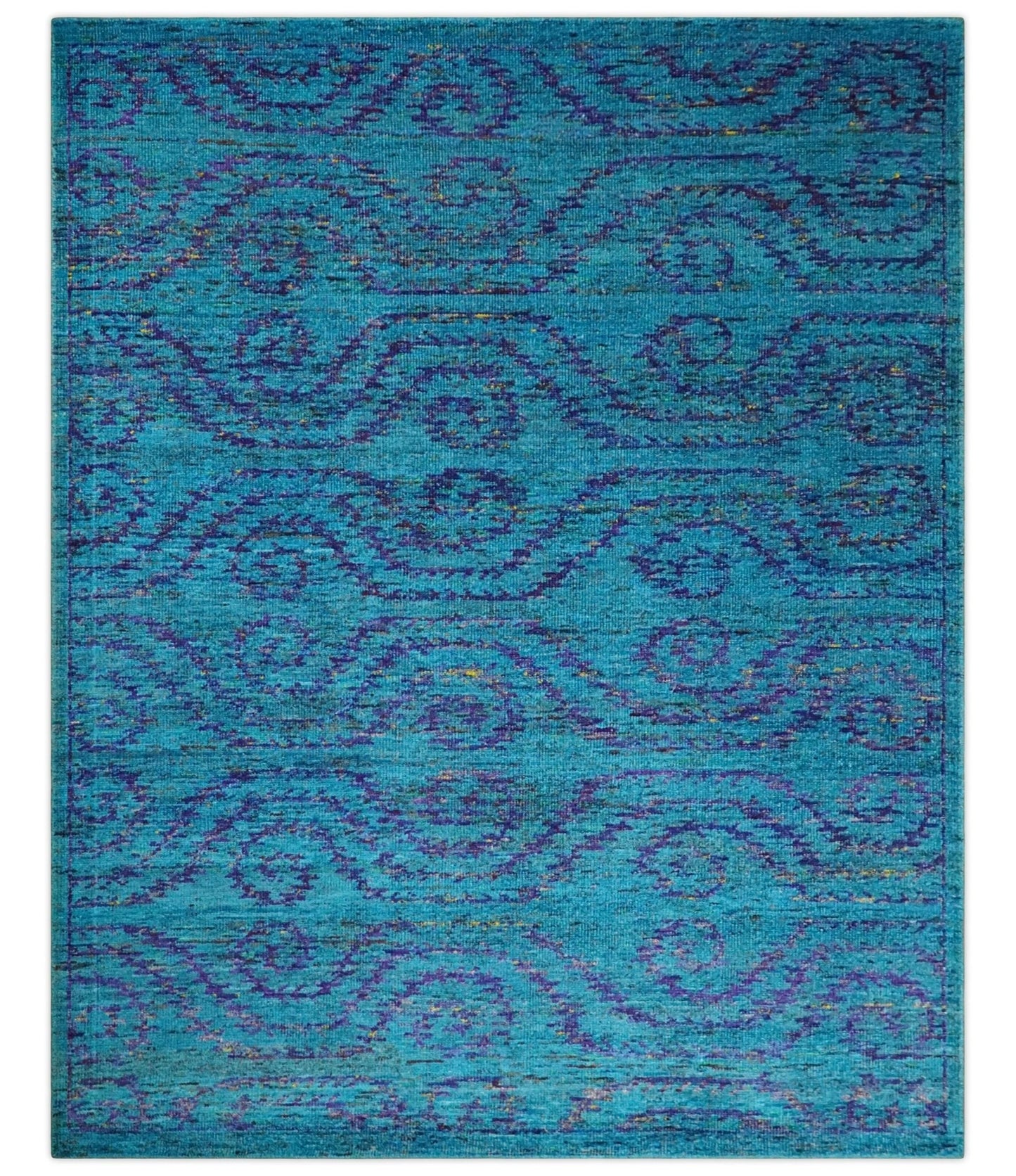 8x10 and 9x12 Hand Knotted Teal Blue and Violet Modern Contemporary Southwestern Tribal Trellis Recycled Silk Area Rug | OP10