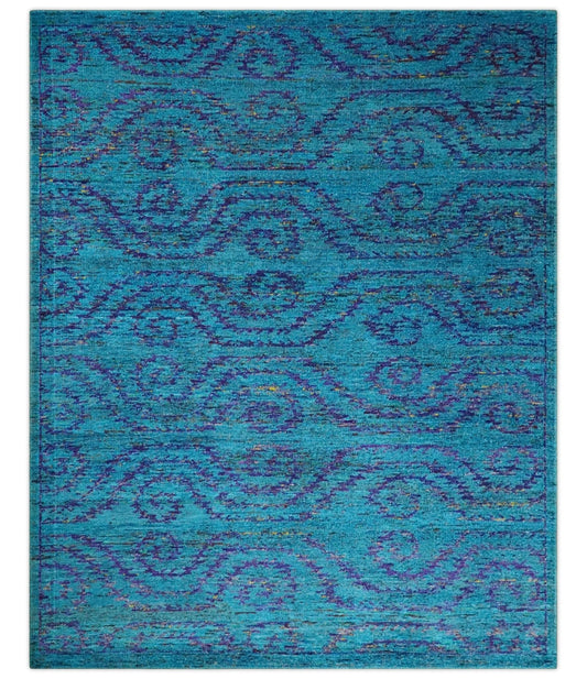 8x10 and 9x12 Hand Knotted Teal Blue and Violet Modern Contemporary Southwestern Tribal Trellis Recycled Silk Area Rug | OP10