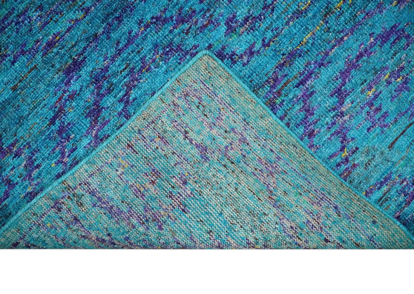 8x10 and 9x12 Hand Knotted Teal Blue and Violet Modern Contemporary Southwestern Tribal Trellis Recycled Silk Area Rug | OP10