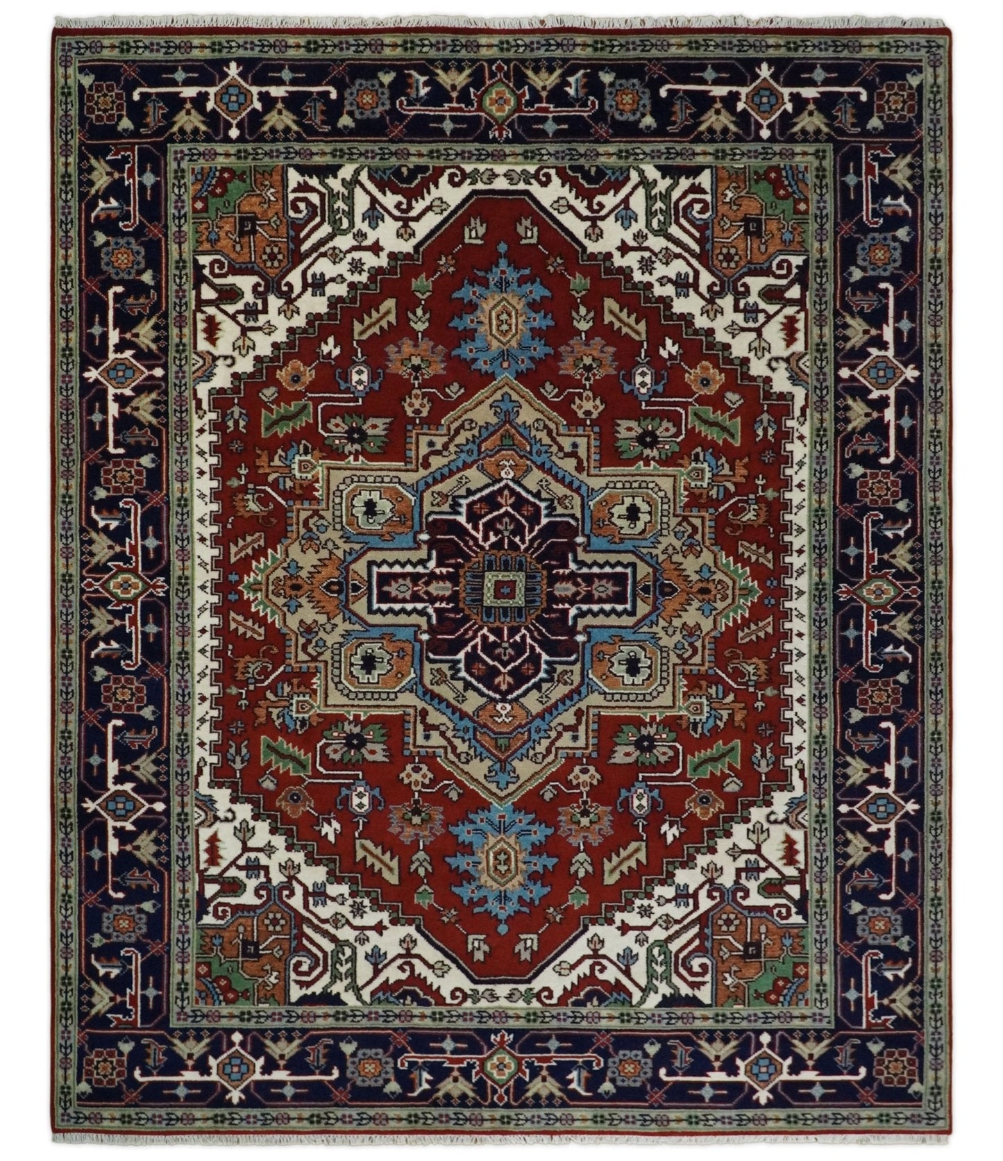 Hand Knotted Brown, Ivory and Blue Traditional Heriz Multi size Hand knotted Wool Area Rug