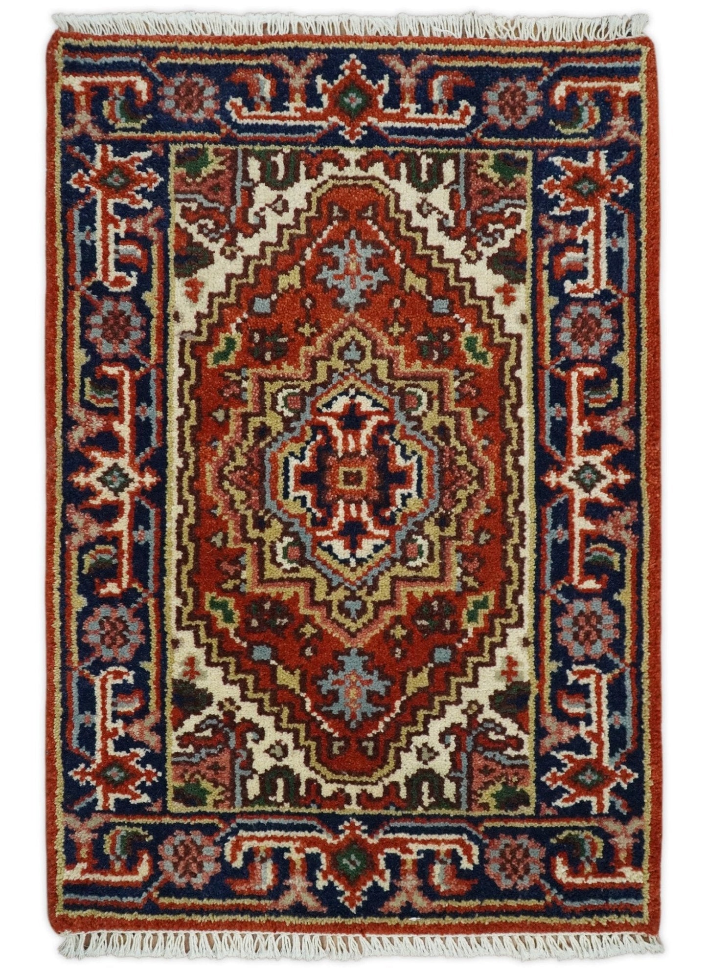 Hand Knotted Brown, Ivory and Blue Traditional Heriz Multi size Hand knotted Wool Area Rug