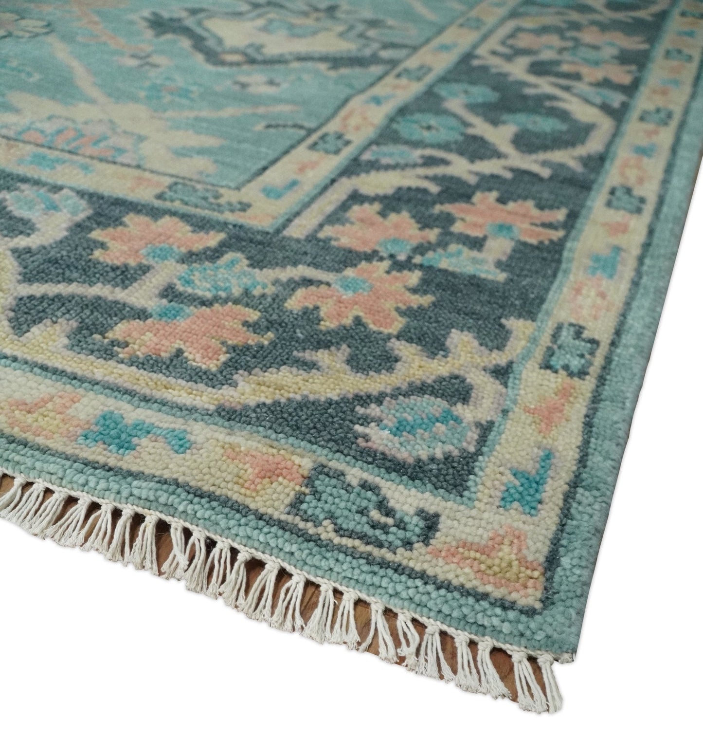 8x10 Antique Hand Knotted Teal, Charcoal and Beige Traditional Vintage Persian Oushak Wool Rug | TRDCP1367810