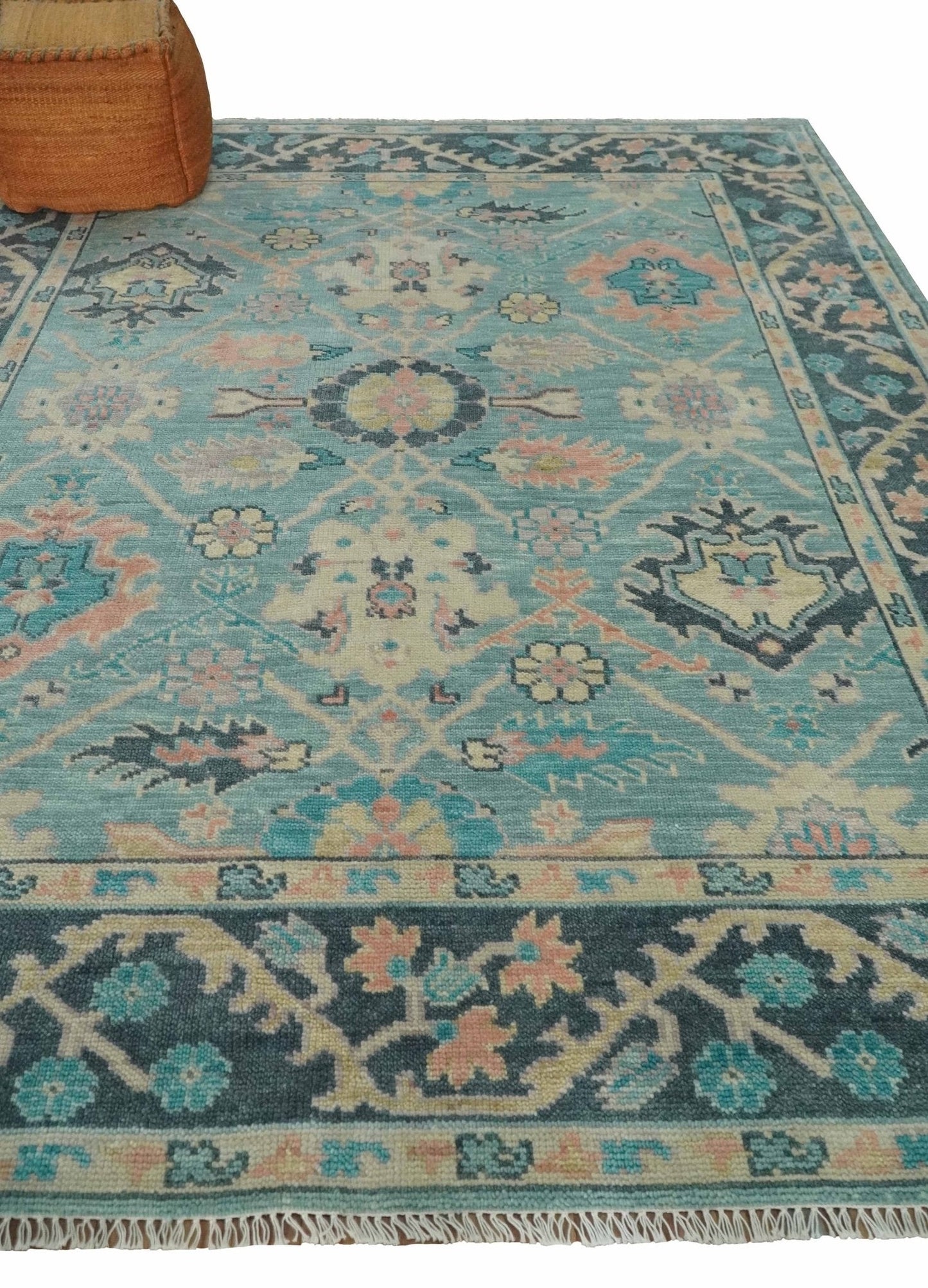 8x10 Antique Hand Knotted Teal, Charcoal and Beige Traditional Vintage Persian Oushak Wool Rug | TRDCP1367810