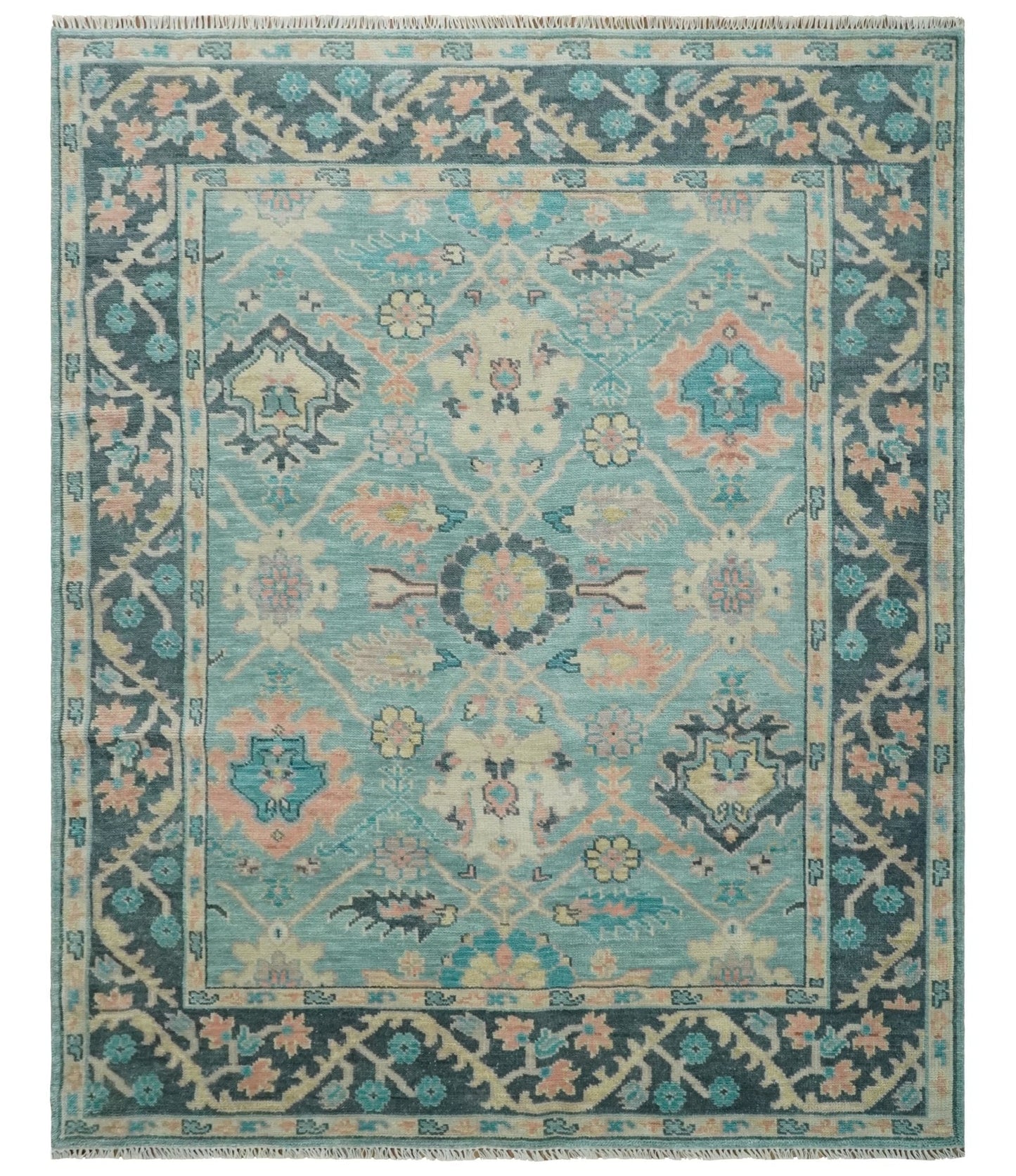 8x10 Antique Hand Knotted Teal, Charcoal and Beige Traditional Vintage Persian Oushak Wool Rug | TRDCP1367810