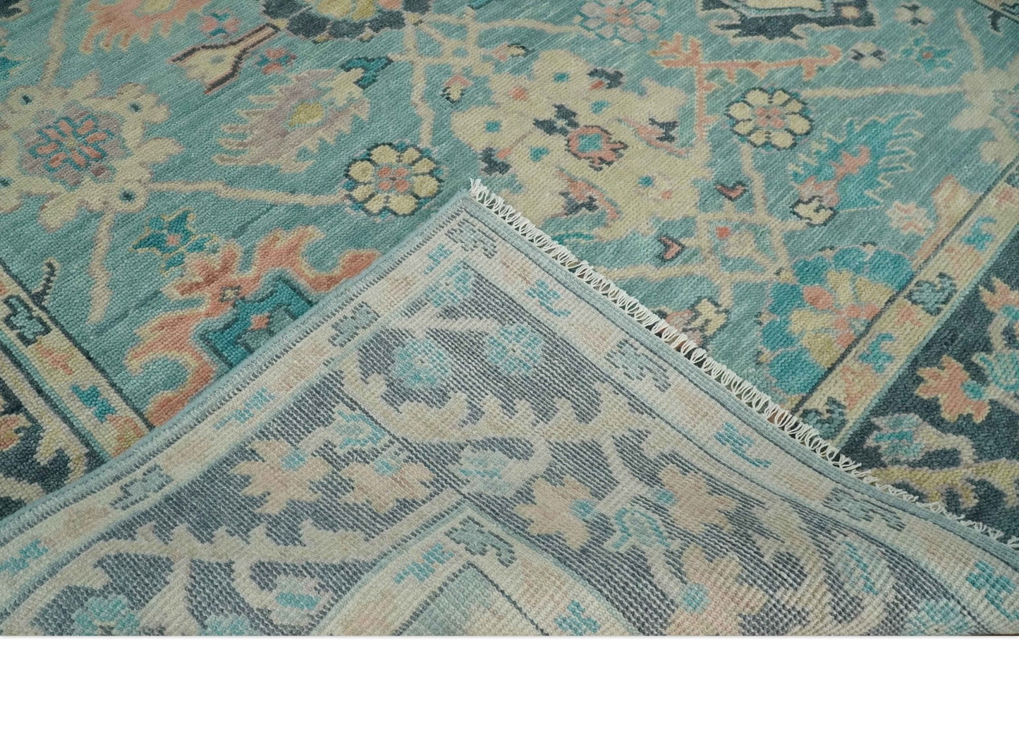 8x10 Antique Hand Knotted Teal, Charcoal and Beige Traditional Vintage Persian Oushak Wool Rug | TRDCP1367810